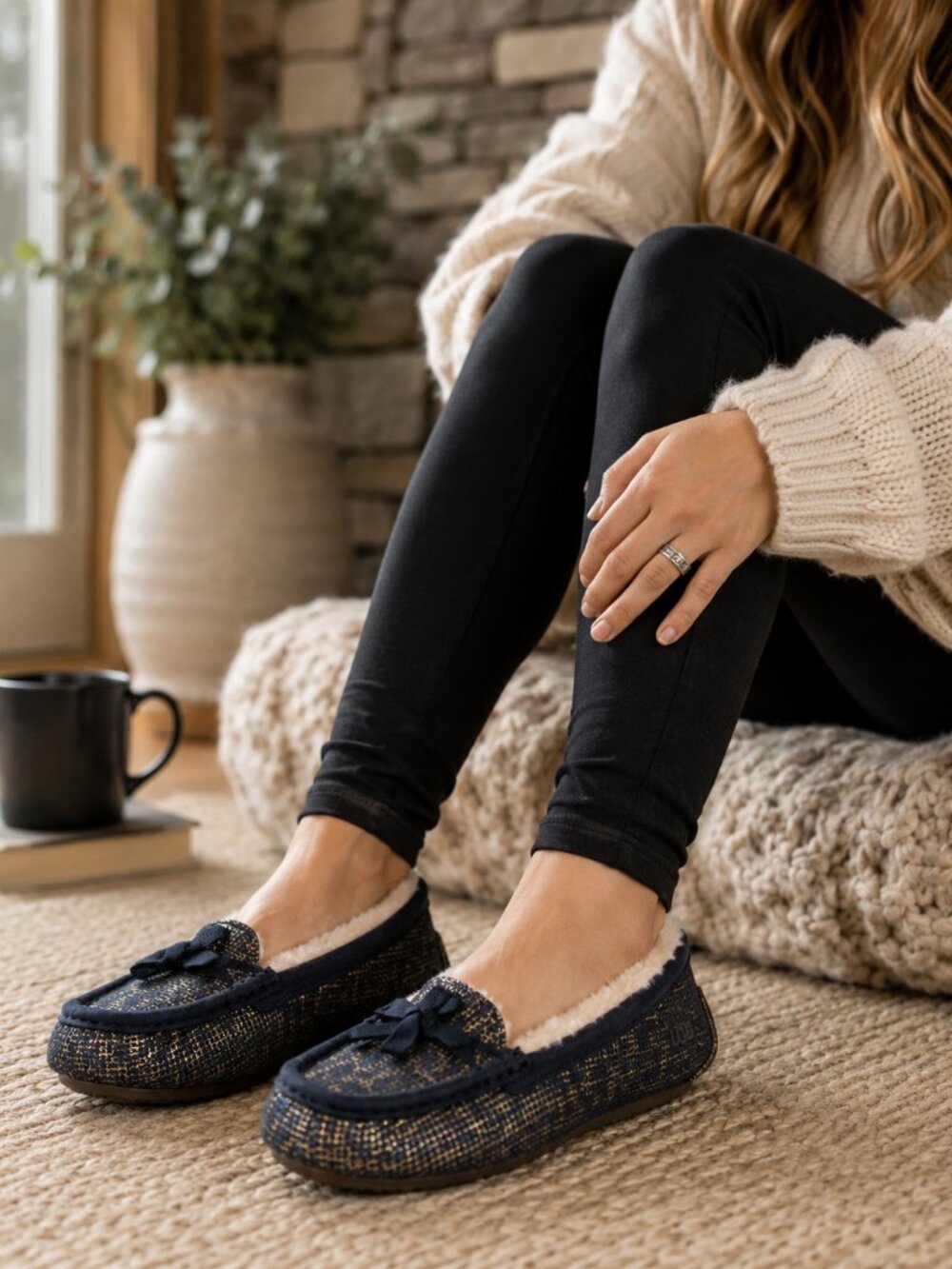 UGG Australia Ansley Glitter Moccasin Slippers Womens 5 5.5 Navy Gold Shearling